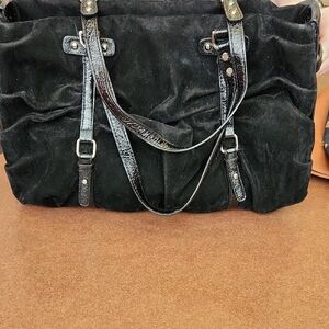 Black and Silver Velvet Shoulder Bag with Metallic Hardware